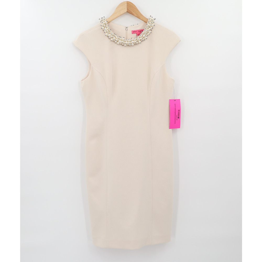 Betsey Johnson Women's Beaded Neck Sheath Dress Almond Off White Sz 8 NEW